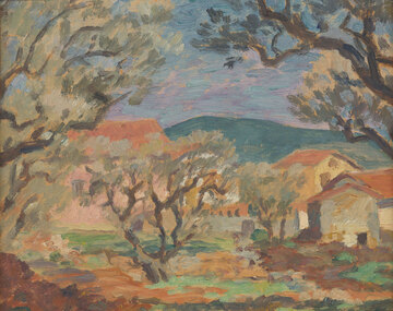 Rural landscape with trees in foreground, farmhouses, buildings and more trees in middleground and background has rolling hills and wispy clouds.