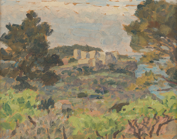 Landscape depicting trees and shrubs in foreground and cream buildings along cliffs of coastline in background