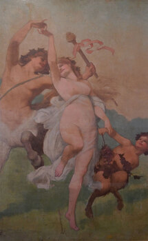 A young woman, nude apart from diaphanous drapery, dances, hand in hand, with a centuar and faun in an idyllic landscape.