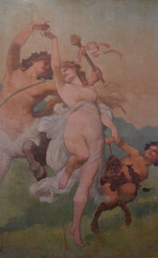 A young woman, nude apart from diaphanous drapery, dances, hand in hand, with a centuar and faun in an idyllic landscape.