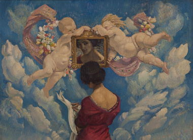 A figure in a red dress with her back to the viewer, looks at her face in a small mirror held by cherubs floating in a cloudy blue sky.