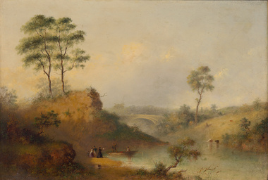 Sparse rural landscape on either side of a river with a bridge in the background. There are cows on the right bank and figures in a boat and on the shore on the left bank.