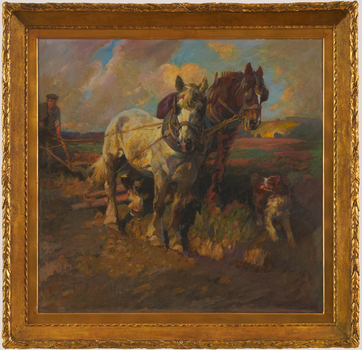 Two horses pull a plough while a dog runs beside them