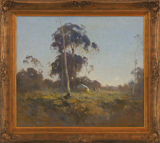 A landscape scene featuring a few scattered gum trees two cattle and a large cream boulder at the base of the centrally positioned gumtree