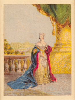 The queen stands on an open air landing wearing a long blue coat and red undercoat over a yellow off the shoulder gown. There is a draped green curtain with a gold trim in the upper right of the image.