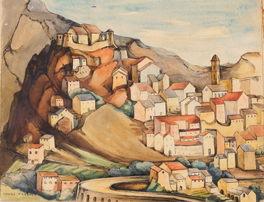 Many houses are scattered across rolling hillside. A church spire rises from a clluster of rooftops in the face right.