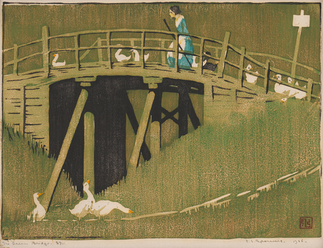 A woman in a blue dress and white pinafore crosses a curved bridge with flock of white ducks. One black duck walks closely behind her.