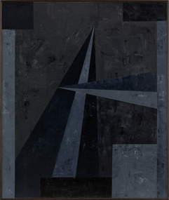 Triangular, square and rectangle shapes and forms can be seen across the canvas in tones of blue.
