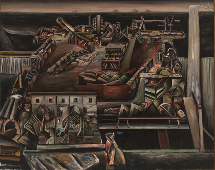 Dark, brooding abstract landscape of a port with chunky forms and buildings stacked throughout. Four ships can be seen on the distant horizon line.