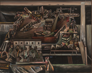 Dark, brooding abstract landscape of a port with chunky forms and buildings stacked throughout. Four ships can be seen on the distant horizon line.