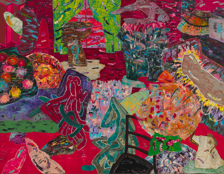 Interior space with abstract composition of many shapes and forms. A chair can be see in the lower centre, and an open window with curtains in the upper left area.