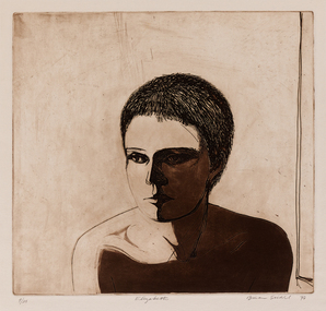 portrait of a woman with short hair, her cut off at the shoulders at the bottom of the sheet