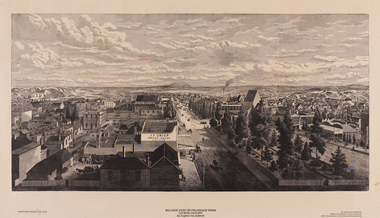 An aerial view looking down a major street and surrounding blocks of Ballarat. The Sign J.F CRISP can be seen on the side of one building.