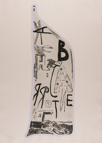 An oversized abstract bottle filled with form, shapes and letters. A large letter B can be seen near the top of the bottle.