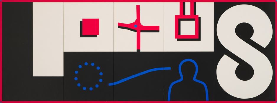 Large rectangluar canvas with a red frame. The letter 'S' can be seen in the face right side and a blue silhouette of a figure rises from the bottom of the frame edge.
