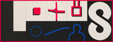 Large rectangluar canvas with a red frame. The letter 'S' can be seen in the face right side and a blue silhouette of a figure rises from the bottom of the frame edge.