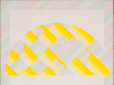 Semi-circle form with many slender rectangular shapes layered in tomes of yellow, green and violet filling the shape. A border of rectangles in tones of pink, green and blue surround the shape.