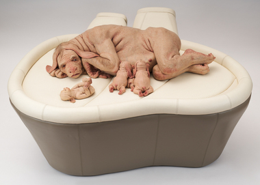 an organic oval shaped plinth upholstered in vinyl supports four alien looking characters. The 'mother' lies in her side while two 'babies' feed at her nipples, one 'baby' lies near the 'mother's' head and rolls on it's back.