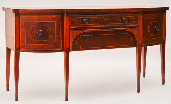 satinwood cartouched inlaid in top and as detail on 3 front opening drawers above tapered legs