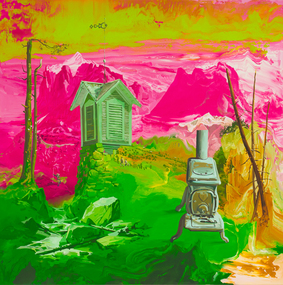 surreal landscape featuring hyper pink and green colours, a freestanding pot bellied stove and a window dormer.