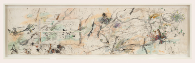 Landscape orientated abstract composition with leaves and feathers and branches visible