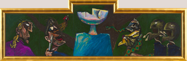 Landscape orientated canvas in five sections with additional section in the upper centre. 5 figures appear. The central figure looks upwards and has a crescent shaped face.