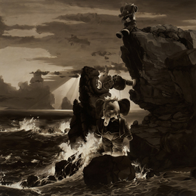 A cliff face with a steep drop and stormy sea can be seen. Sun rays appear through the clouds in the background, and three toy elephants wearing crowns are visible. One one the cliff edge, one on the rocks below and one absailing down the cliff face.