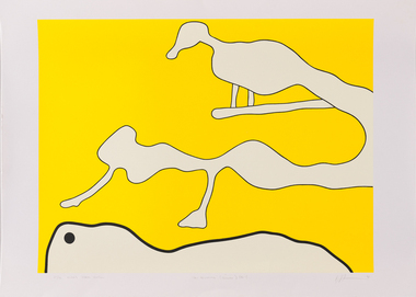 Abstract forms on a bright yellow background. Form at the top resembles a bird on a branch.