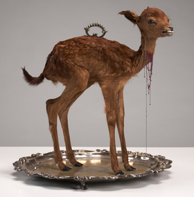 A taxidermied fawn stands on a silver platter with a handle attatched to its spine and small beads on a thin chain sewed into its neck. A small badge shaped like a crest is attached to its rump.