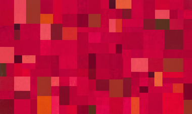 Abstract composition of square and rectangle shapes in tones of red and pink and yellow.