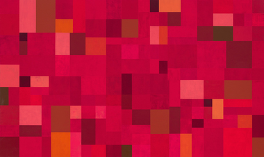 Abstract composition of square and rectangle shapes in tones of red and pink and yellow.
