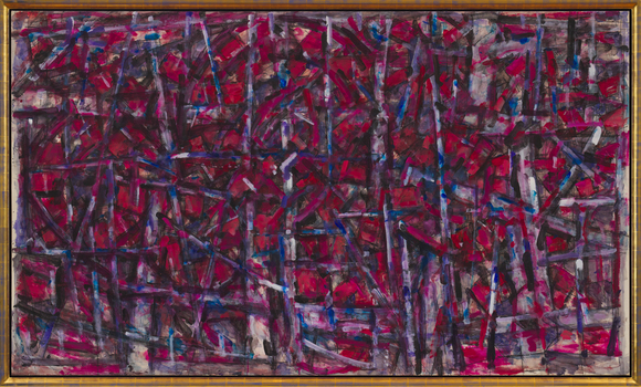 Abstract composition on purple, blue and black tones in a gold frame.