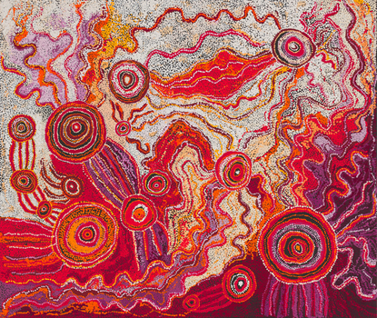 Abstract composition of circular and linear forms in red, magenta, white and orange tones.