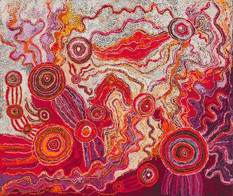 Abstract composition of circular and linear forms in red, magenta, white and orange tones.