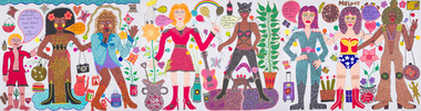 A three panel painting featuring depictions of various characters and pop culture iconography in bright colours (cat woman, Tina Turner, Wonder Woman etc.)