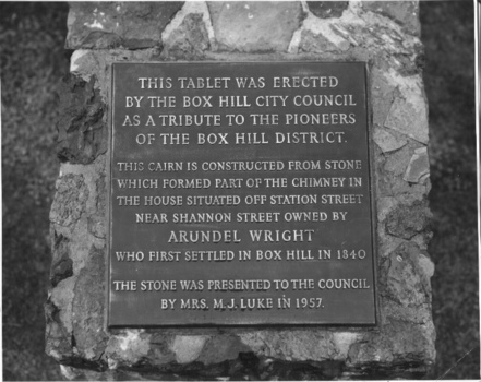 Plaque as tribute to Pioneers of Box Hill district