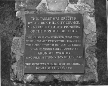 Plaque as tribute to Pioneers of Box Hill district