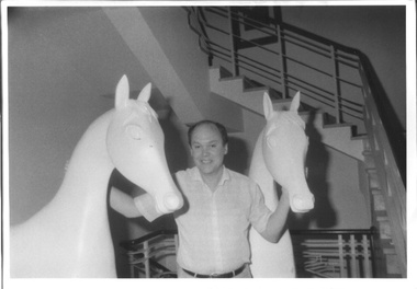 Photograph - Ian Buckingham with statues of White Horse, 7 December 1986