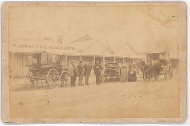Photograph - Black and white print, H.Appel's Five Flag's Hotel,  Campbells Creek. With 3 horse drawn carriages - 6 gentlemen and 2 ladies with a baby