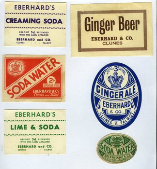 SIX LABELS USED TO AFFIX TO GLASS BOTTLES TO DENOTE CONTENTS
