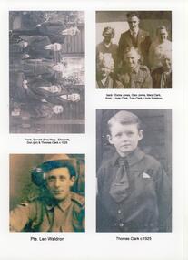 FRANK, DONALD(SEN) MARY,  ELIZABETH, DON (JNR) & THOMAS CLARK c1925 , BACK:    ESMA, GLEN JONES,  MARY CLARK, FRONT:   LIZZIE CLARK, TOM CLARK, LIZZIE WALDRON. PTE.LEN WALDRON, THOMAS CLARK c1925.
