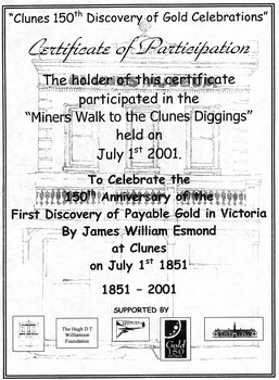 Recognition of participation in the miners walk to Clunes diggings 