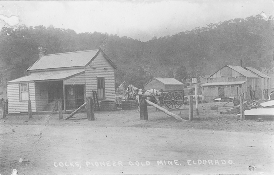 Three wooden buildings, horse and cart.