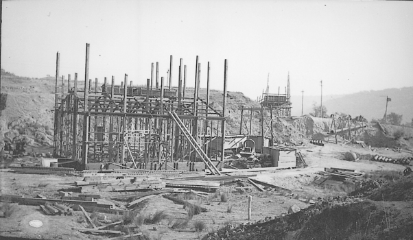 Frame of mining barge, under construction.