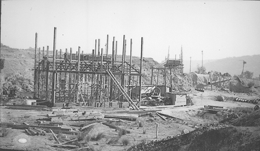 Frame of mining barge, under construction.