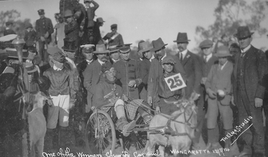 A person dressed in Scottish outfit seated in buggy harnessed to a goat, surrounded by crowd of onlookers including two children dressed as jockeys 