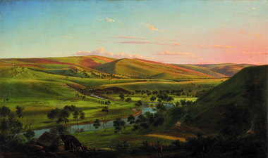 Painting - View from Fritz Wilhelmberg, Herne Hill, Geelong (Mr Levien's hut on the Barwon), von GUERARD, Eugene, 1860