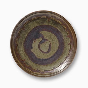 Ceramic, Hughan, Harold, Large Charger (Platter) with Ox Blood, Cobalt and Deep Lime Green Glazes, c.1970