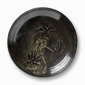 Ceramic, Hughan, Harold, Large and Deep Charger (Platter), Black Tenmoku Glaze and White Frond Images, Undated