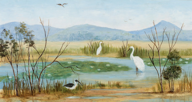 Painting, Pilkington, Lena, Birds & Waterlilies—Atherton Tableland QLD. Plumed Egret & Straw-Necked Ibis, c.1960s